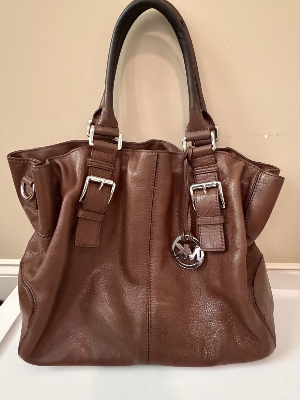 Michael Kors Chocolate Brown Leather Shoulder Bag with Silver Hardware